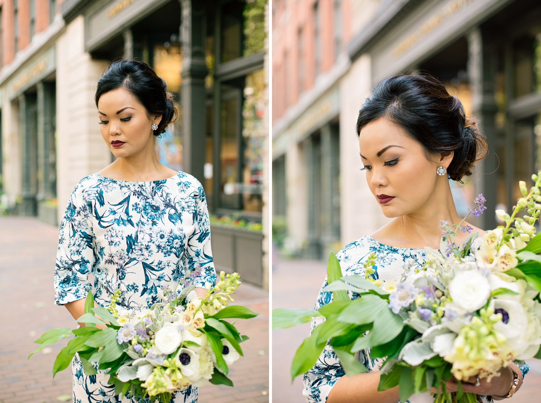 5-Bride-Bridal-Portraits-Wedding-Bouquet-White-Blue-Florals-Occidental-Park-Pioneer-Square-Seattle-Wedding-Day-Photographer-Photography-by-Betty-Elaine