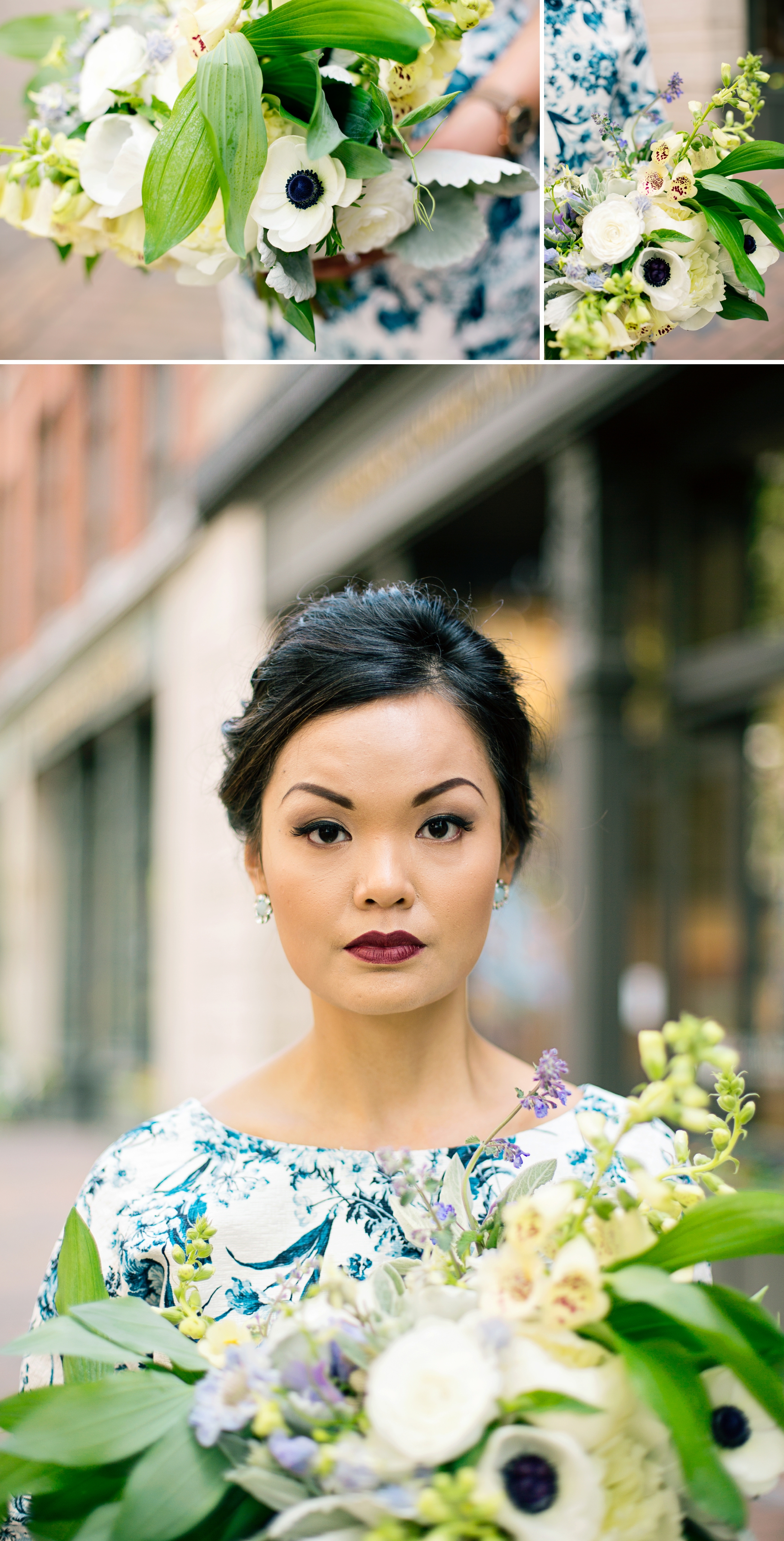 6-Bride-Bridal-Portraits-Wedding-Bouquet-White-Blue-Florals-Occidental-Park-Pioneer-Square-Seattle-Wedding-Day-Photographer-Photography-by-Betty-Elaine
