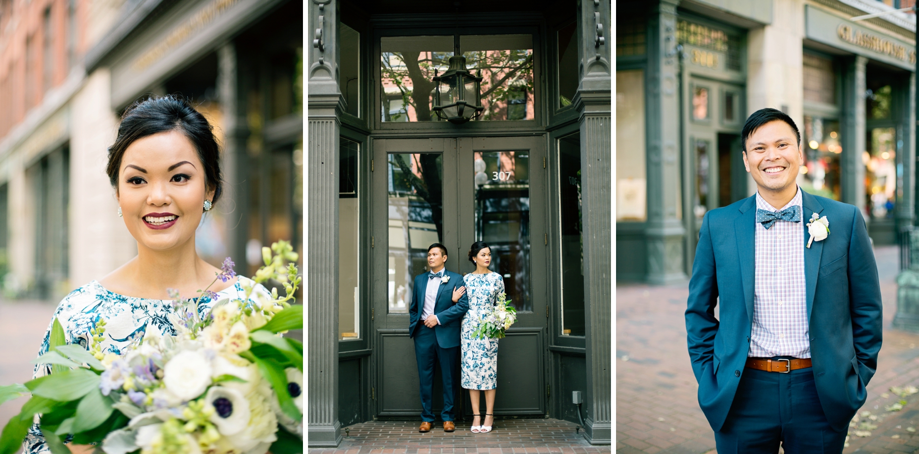 7-Bride-Groom-Romantic-Editorial-Portraits-Wedding-Bouquet-White-Blue-Florals-Occidental-Park-Pioneer-Square-Seattle-Wedding-Day-Photographer-Photography-by-Betty-Elaine