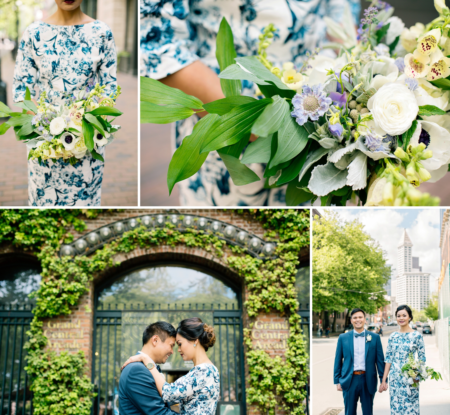8-Bride-Groom-Romantic-Editorial-Portraits-Wedding-Bouquet-White-Blue-Florals-Occidental-Park-Pioneer-Square-Ivy-Brick-Seattle-Smith-Tower-Wedding-Day-Photographer-Photography-by-Betty-Elaine