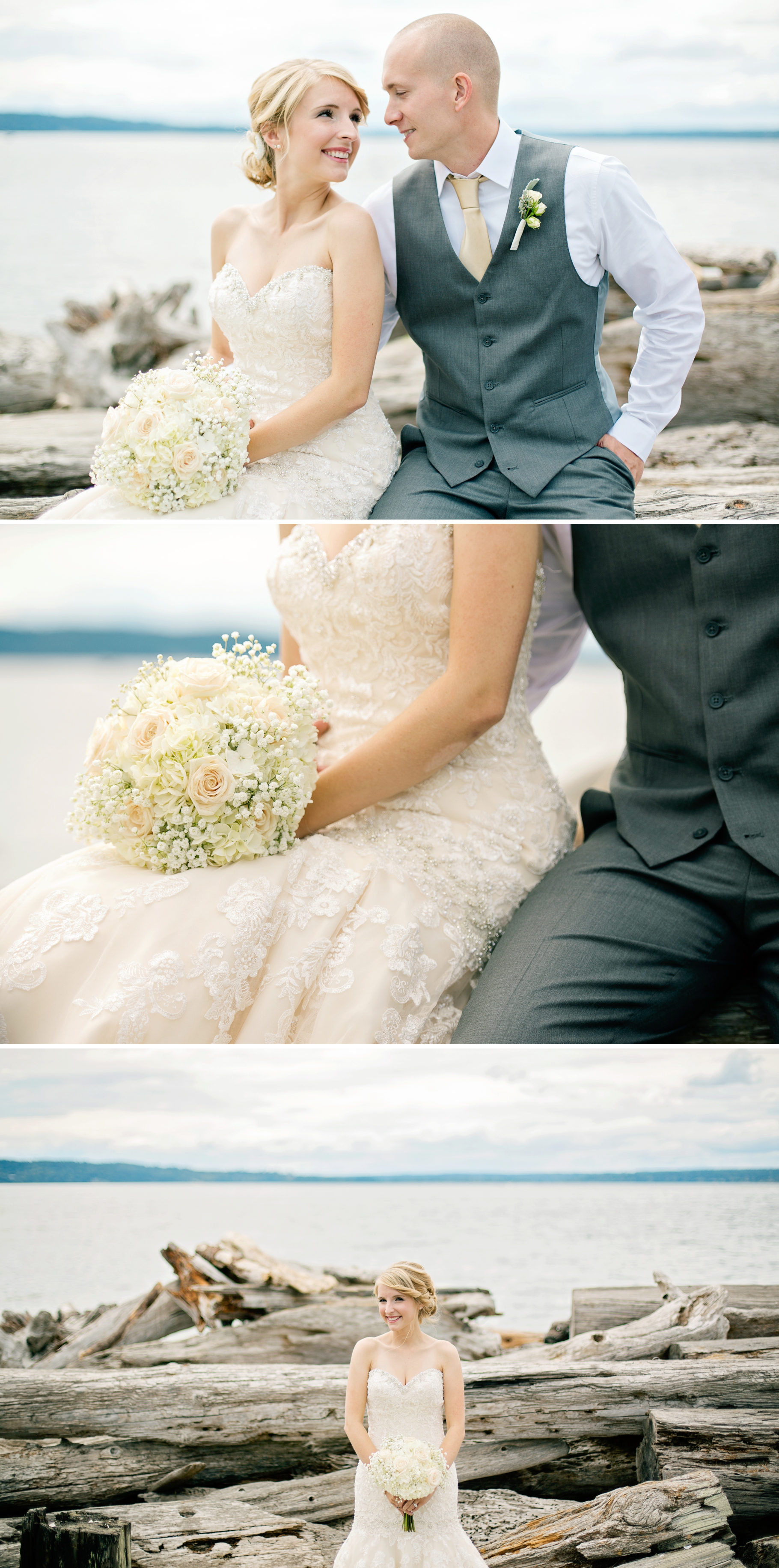 12-Bride-Groom-Portraits-Bridal-Bouquet-White-Hydrangeas-Waterfront-Pudget-Sound-Driftwood-Normandy-Cove-Beach-Wedding-Photographer-Bride-Groom-Seattle-Wedding-Photography-Northwest