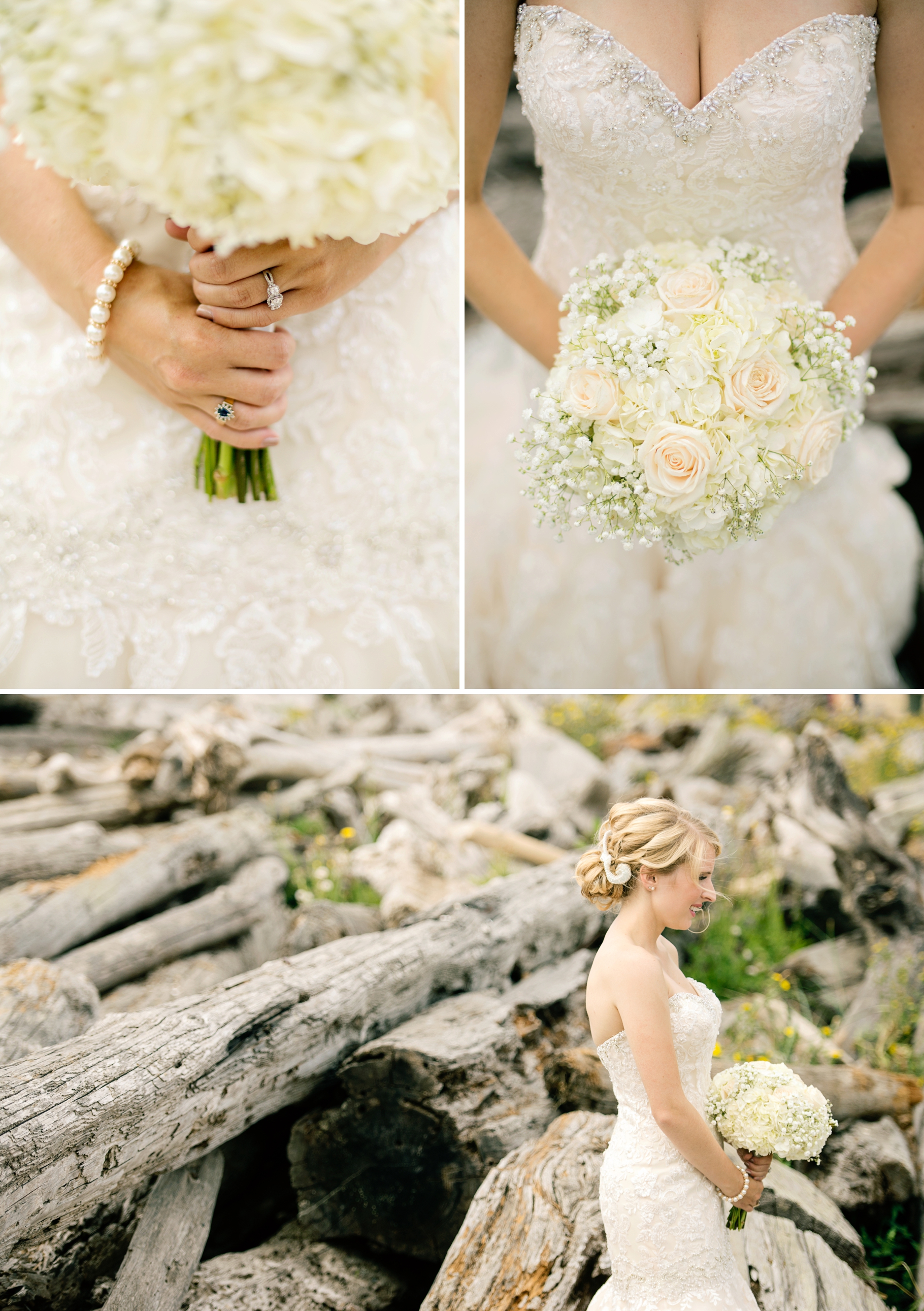 13-Bride-Portraits-Bridal-Bouquet-White-Hydrangeas-Waterfront-Pudget-Sound-Driftwood-Normandy-Cove-Beach-Wedding-Photographer-Bride-Groom-Seattle-Wedding-Photography-Northwest