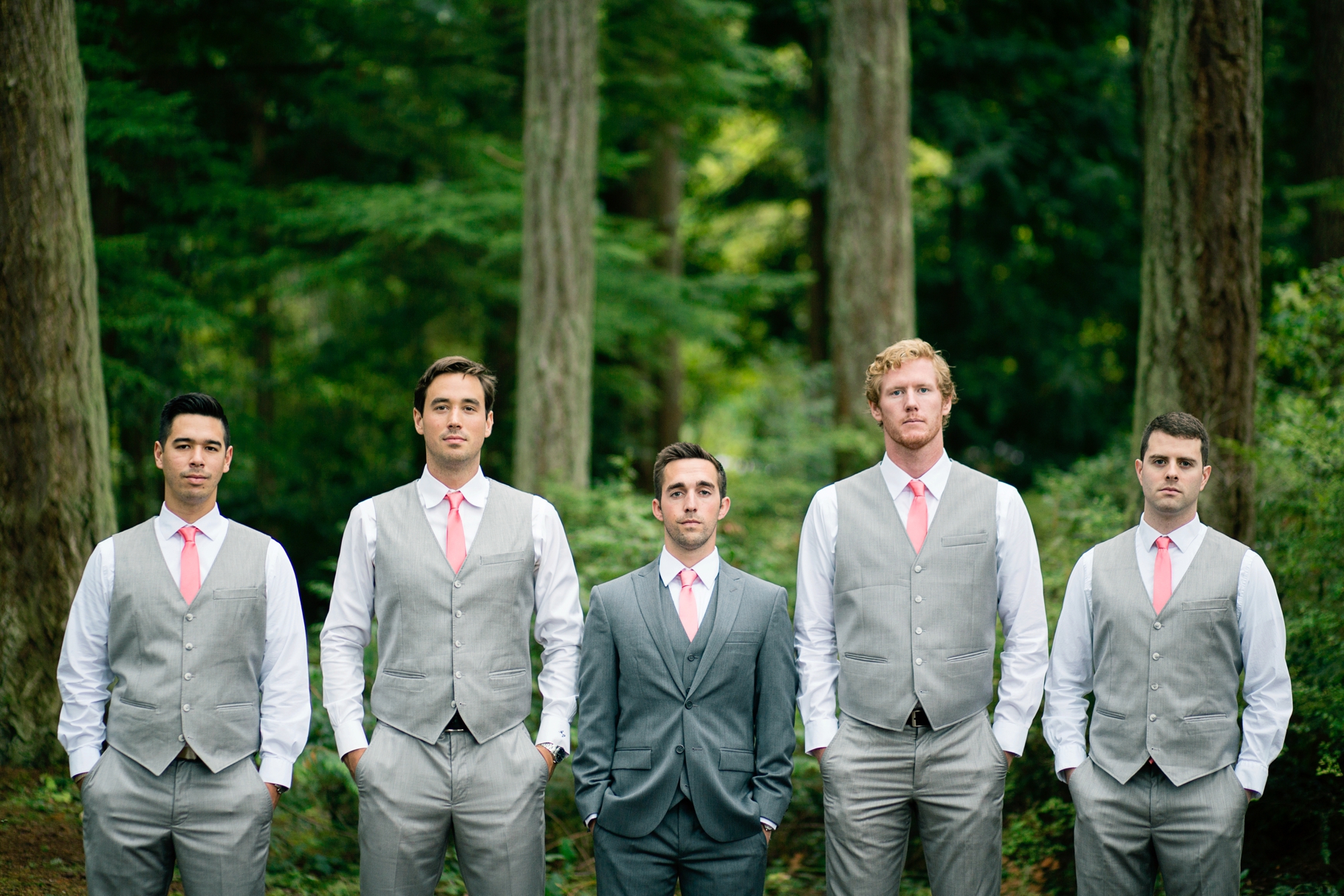 23-Groom-Groomsmen-Portraits-Grey-Suit-wooded-bluff-olympic-mountains-log-cabin-Kitsap-Memorial-State-Park-Forest-Northwest-Photographer-Seattle-Wedding-Photography-by-Betty-Elaine